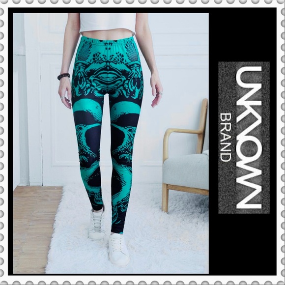 Teal Green Graphic Print (Fantasy Motif) Leggings - Picture 1 of 5
